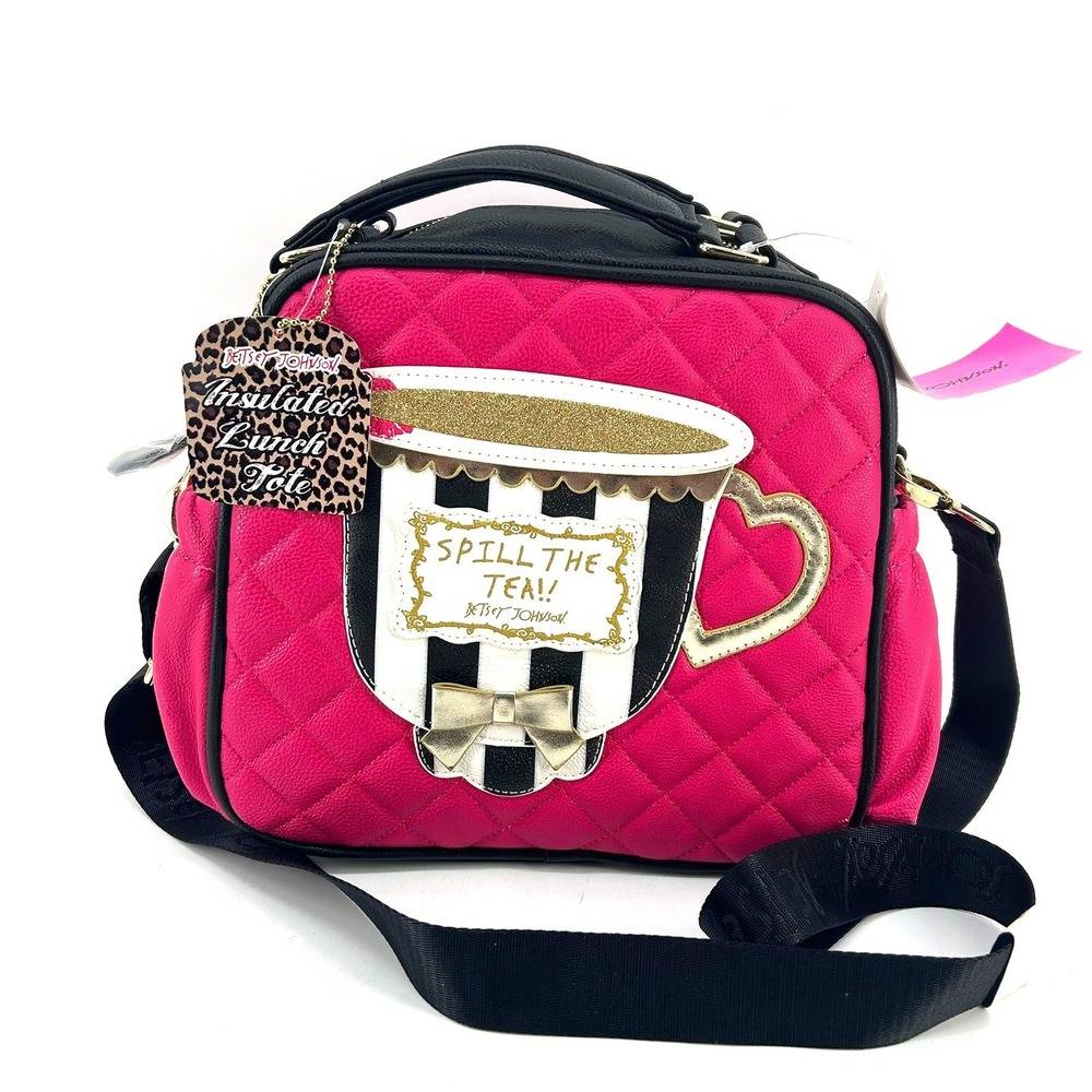 Betsey Johnson Spill The Tea Insulated Lunch Tote Fuchsia Black Large Strap NWT